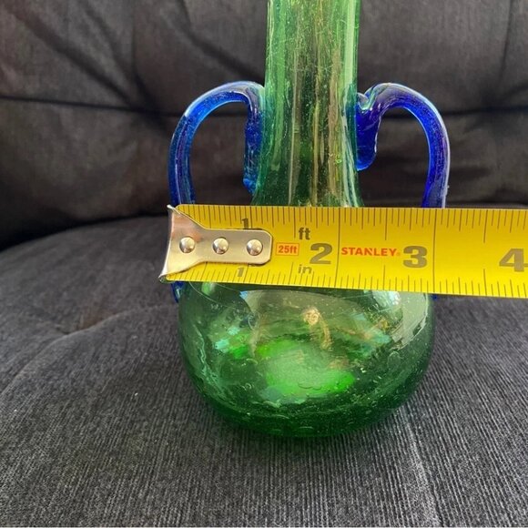 Handblown Artisan Glass Vase Blue and Green 7.25in - Picture 13 of 15